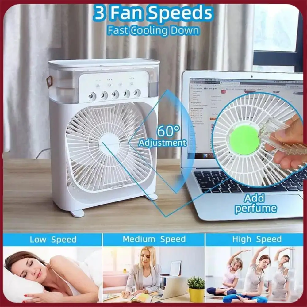 Cooling Fan Air Humidifier 6 Inch Air Conditioner 3 Speeds 5 Sprays 7 Color Lights Portable