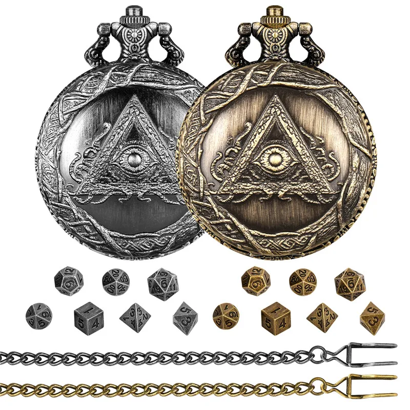 Gothic Dreieckiges Auge Taschenuhr Gehäuse Anhänger Kette 7 teile/satz Mini Größe Metall Polyedrische Würfel für Tisch Brett Rollenspiel – Detail 1