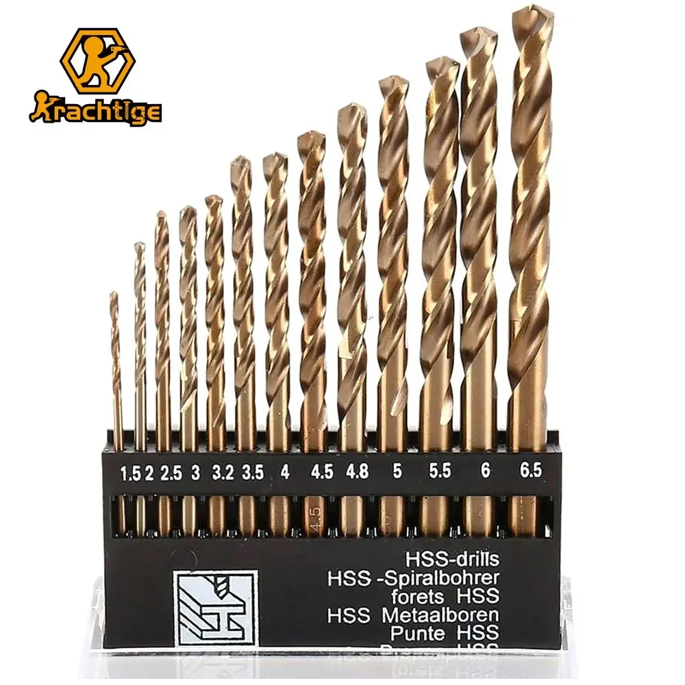 

Krachtige 13Pcs 1.5-6.5mm Twist Drill Bit Set Round Shank HSS Titanium Coated Metric Drills for Metal Wood