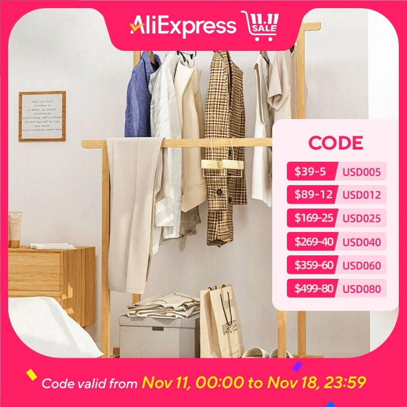 Bamboo Garment Coat Clothes Hanging Heavy Duty Rack with Shoe Clothing Storage Organizer Shelves