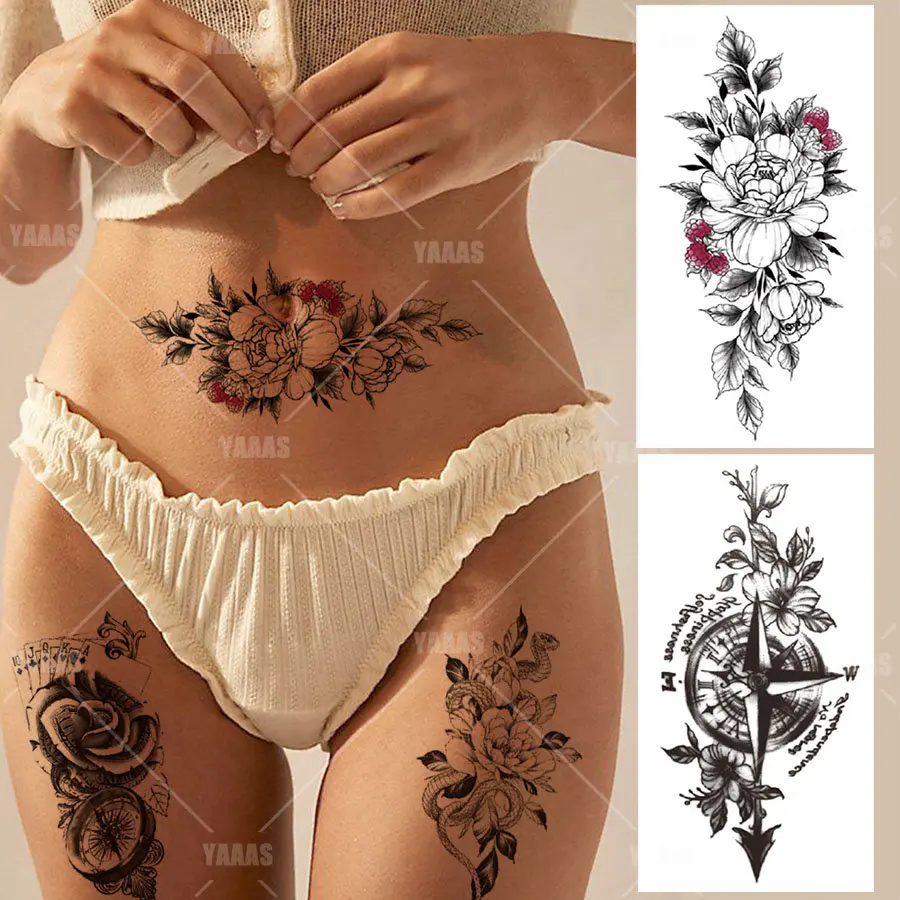 

6Pcs Black Large Snake Flower Fake Tattoo Sticker Women Dot Rose Peony Temporary