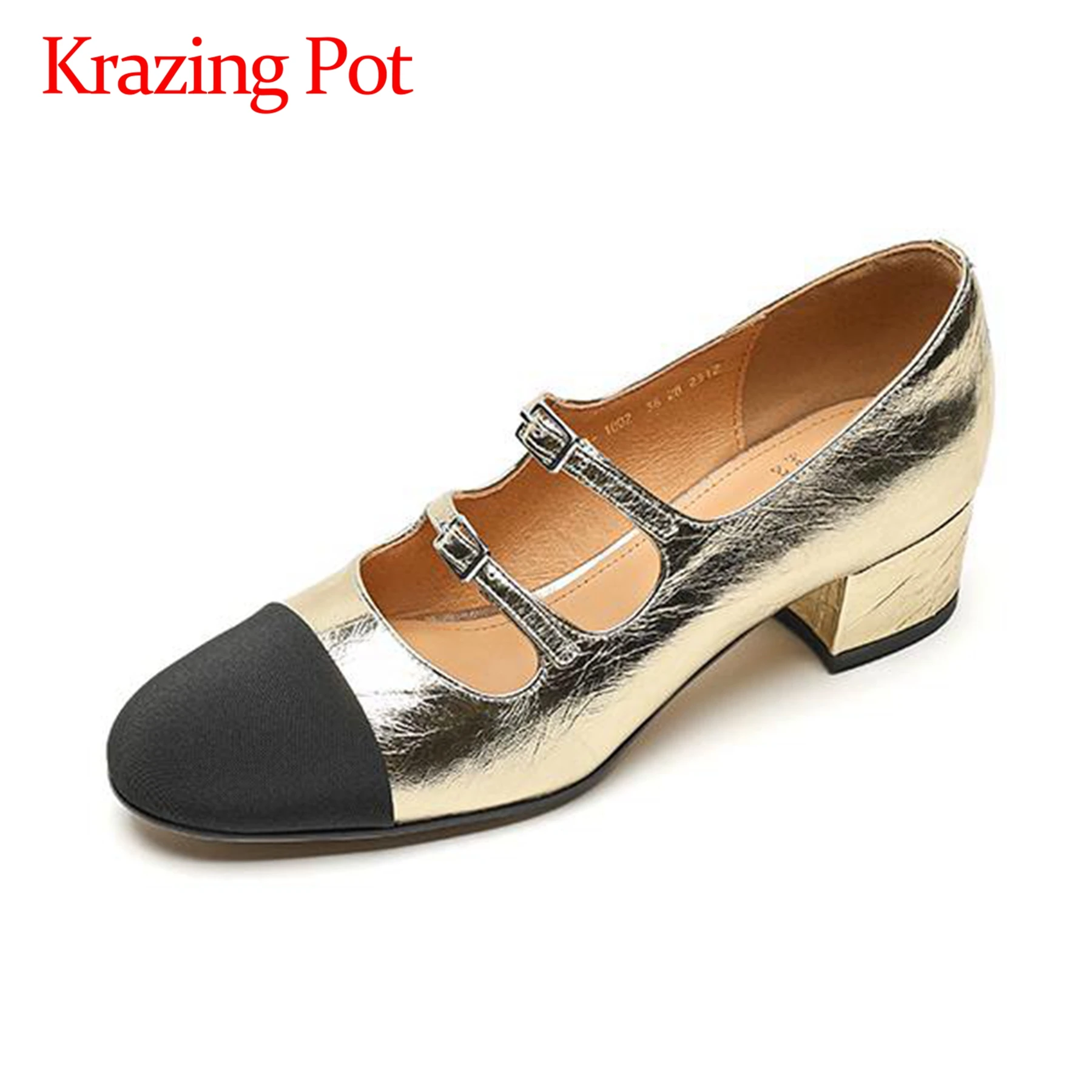 

Krazing Pot Cow Leather Metal Buckle Straps Retro Med Heels Summer Office Lady Fashion Round Toe Mary Janes Party Women Pumps