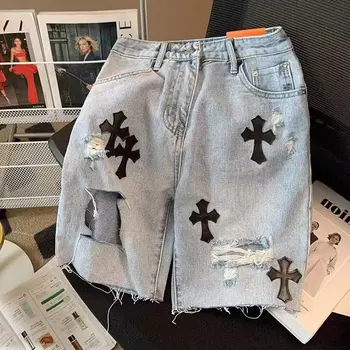 Design brand Summer Man Jeans Y2K Ripped Damage Denim Shorts High Street Cross patch With Embroidery Shorts Jeans 1