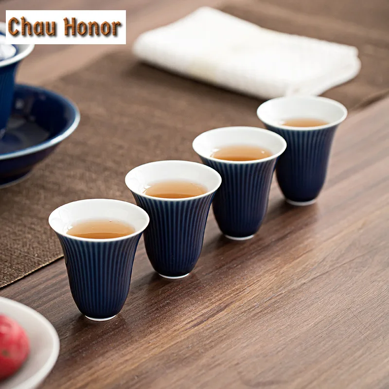 2pc/Set 35ml Striped Ji Blue Ceramic TeaCup Cup Kung Fu Tea Maker Single Master Cup Smell Cup Kung Fu Tea Set Drinking Teaware