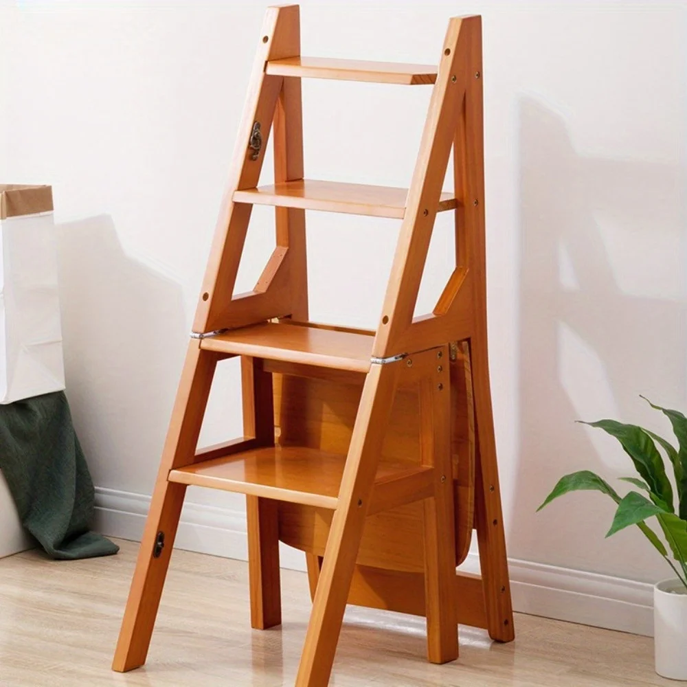 Foldable 4 Step Wooden Ladder Stool Multi-Functional Home Step Ladders Storage Shelf - Image 4