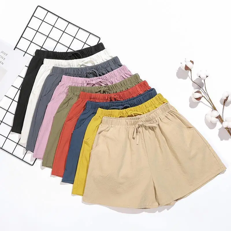 

SOWXOF Women Shorts Spring Summer 2024 Loose Linen Cotton Casual Korean Wide Leg Pant Drawstring Elastic Waist Bikers Shorts