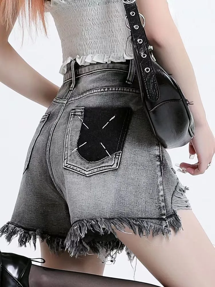 Y2K Smoke Gray Cowboy Shorts Female Summer Thin New Appear Thin Design Hole Wide Legs Hot Pants Grunge Pasting Tassels