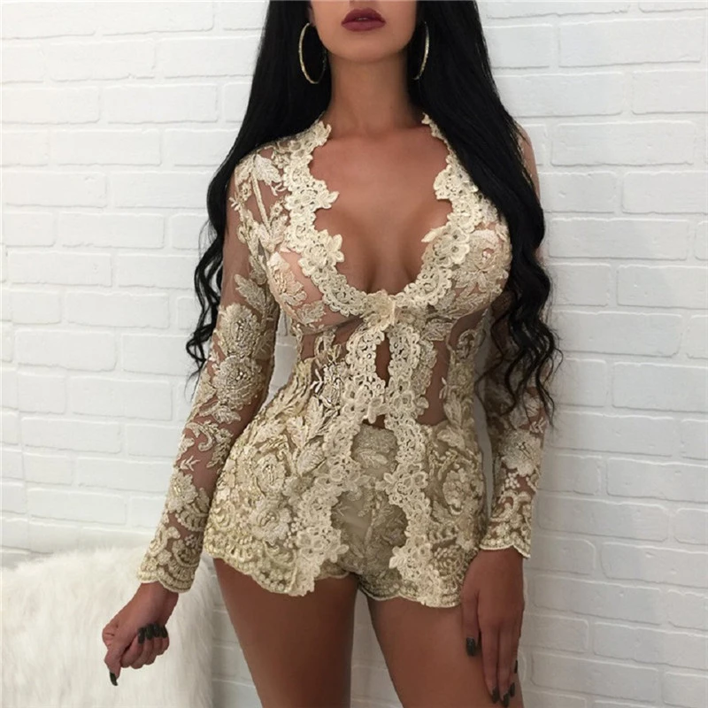 bikini cover up skirt Sexy Mesh Two Piece Outfit Women Gold Embroidery Floral Lace Single Button Long Sleeve Shorts Set Chic Bodycon 2 Piece Clubwear bathing suit skirt cover up
