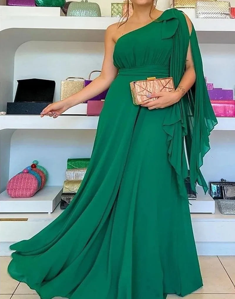 

New Dark Green Evening Party Dress 2023 Sleeveless One Shoulder Capes Chiffon Ruffles Prom Formal Gowns Vestidos De Fiesta