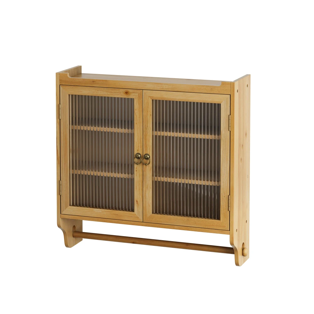 Vintage-Wandschrank mit Doppeltür und Glastür, dreistufiger Stauraum mit Handtuchhalter, für Badezimmer, Küche, Esszimmer – Detail 18