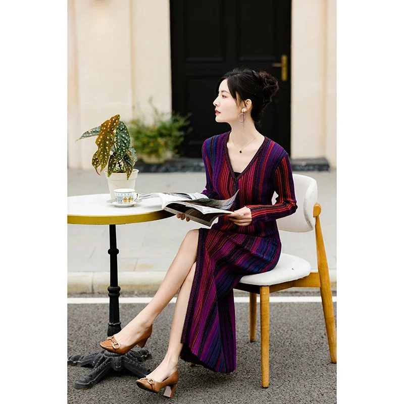 

Knitted Wool Dress Single-breasted Three-dimensional Jacquard Hit Color Gold Rainbow Flower Color Thin Slim Slim Dresses