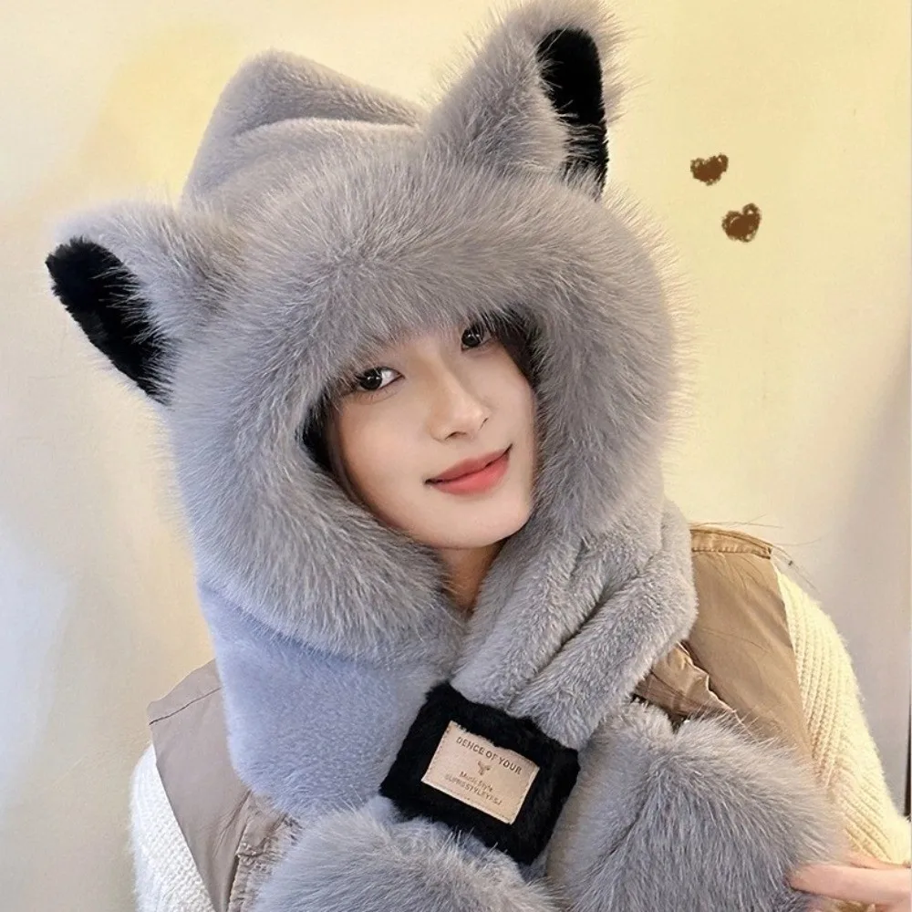 Zweiteiliges Set Fuchsohren-Mütze, Schal, verdickter Kälteschutz, Bärenmütze, Schal, koreanischer Stil, integriertes Design, Halswärmer für den Winter – Detail 10