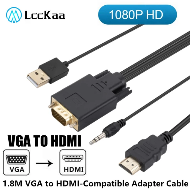 Câble Adaptateur VGA vers HDMI 1.8M avec Audio pour Ordinateur