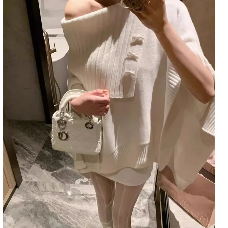 Autumn and Winter New One-word Shoulder Bow Solid Color Women's Sweater Elegant Fashion Loose Cape Coat Knitwear Pullover Top