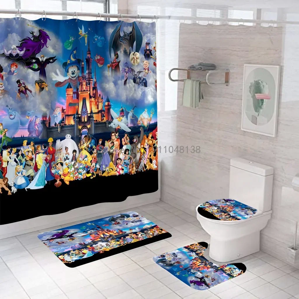 Disney Princess Series 3D Bath Shower Curtain Waterproof Curtains In The Bathroom With Hook Set Soft Bath Mat Toilet Carpet Rugs