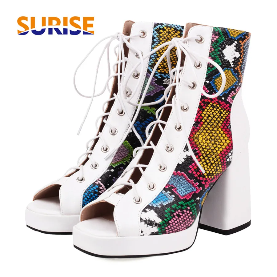 

Summer Peep Toe Platform Ankle Boots Women High Chunky Heels White Black Flower Embroidery Sexy Dress Party Lady Lace-up Sandals