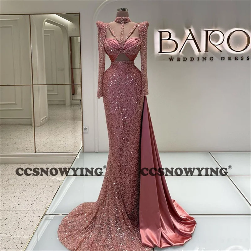 

Highly New Sexy Pink Sequin Standing Neck Evening Dress Slim Fit Long Sleeve Fishtail Longuette