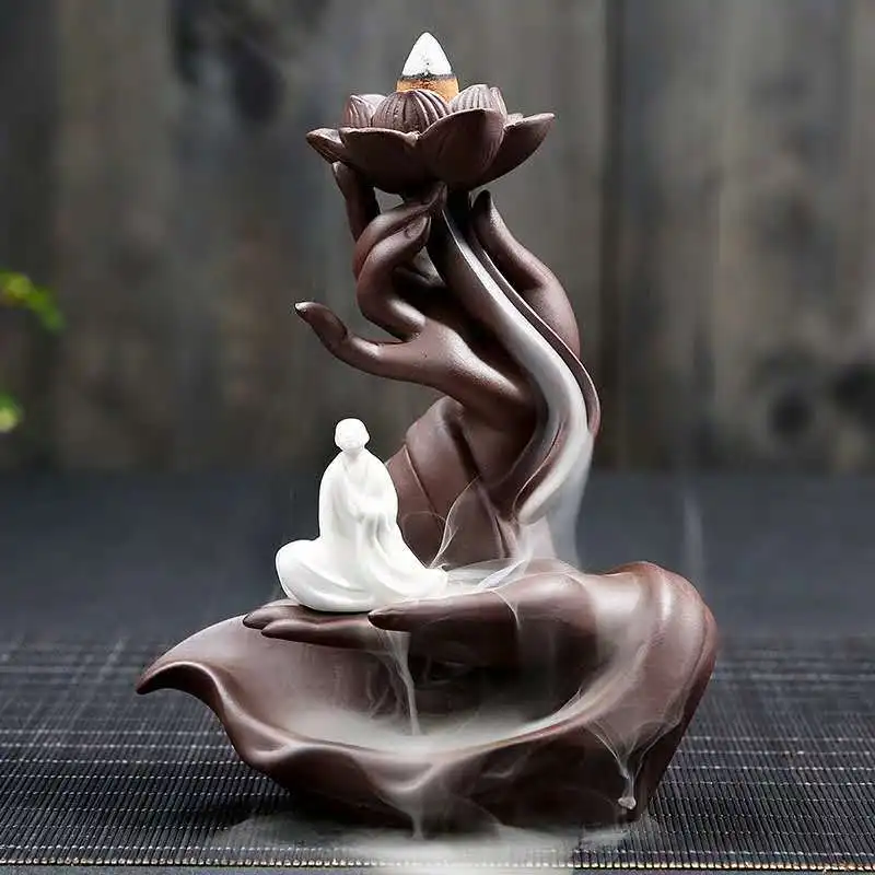 Backflow Incense Burner Ceramic Purple Sand Incense Stove Zen Buddhist Hand Incense Stick Holder Home Office Decoration Ornament