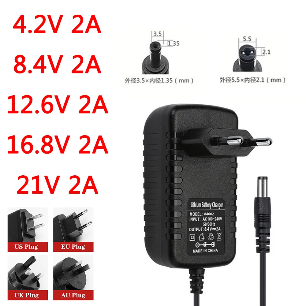 4.2V 8.4V 12.6V 16.8V 21V 2A DC 5.5mm Or 3.5mm Power Adapter Li-ion Red Charging For 1 2 3 4 5 String Lithium Battery Charger