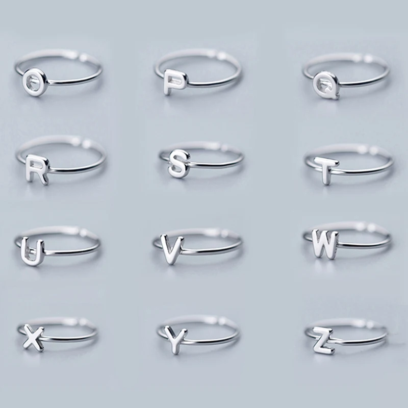 

100% Real 925 Sterling Silver Letter Alphabet A-Z Charm Name Ring Simple Adjustable Opening Ring Party Gift Jewelry