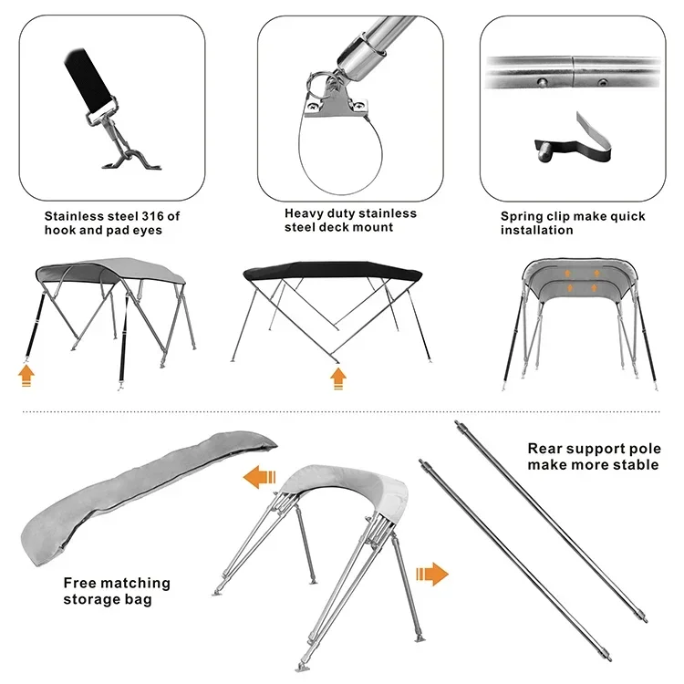 4 Bow Bimini Top Width 73-78 "W for Boat 600D Polyester Stainless Steel Frame with Support Pole Pontoon Boat Size