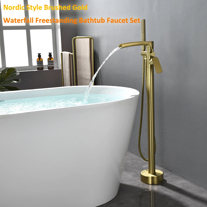 

2024 Brushed Gold High Flow Rate Waterfall Freestanding Bathtub Faucet Set Single Handle Floor Mount Tub Filler with Hand Shower