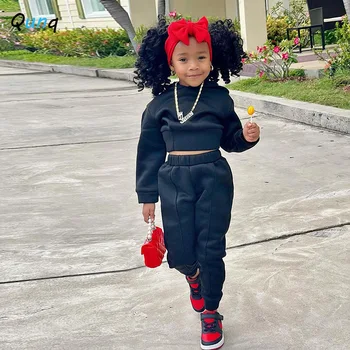 Qunq Children Clothing Autumn Winter Girls New Casual Sports Hoodie Solid Color Hooded Two-piece Set kids clothes 4