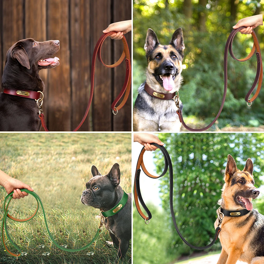Personalized Dog Collar Leash Set Leather Dog Tag Collars Free Engraved Nameplate For Small Medium Large Dogs Pitbull dog collar pet harness leash set pet harness set pet leash set