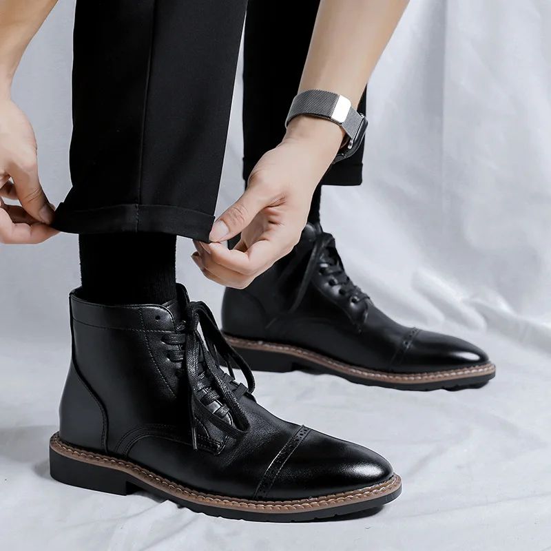 

men casual original leather boots carving brogue shoes business office dresses pointed toe cowboy short boot stylish ankle botas