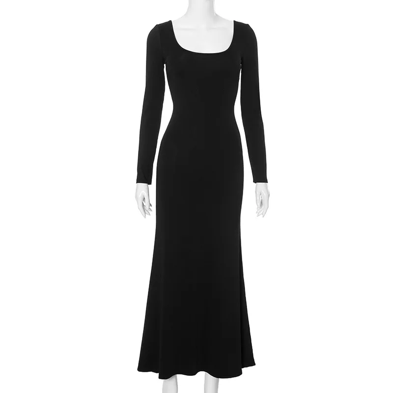 y2k Dresses Women Sexy Clothes Solid Color Butterfly Cutout Back Long Sleeve Bodycon Dress Club Dresses Streetwear