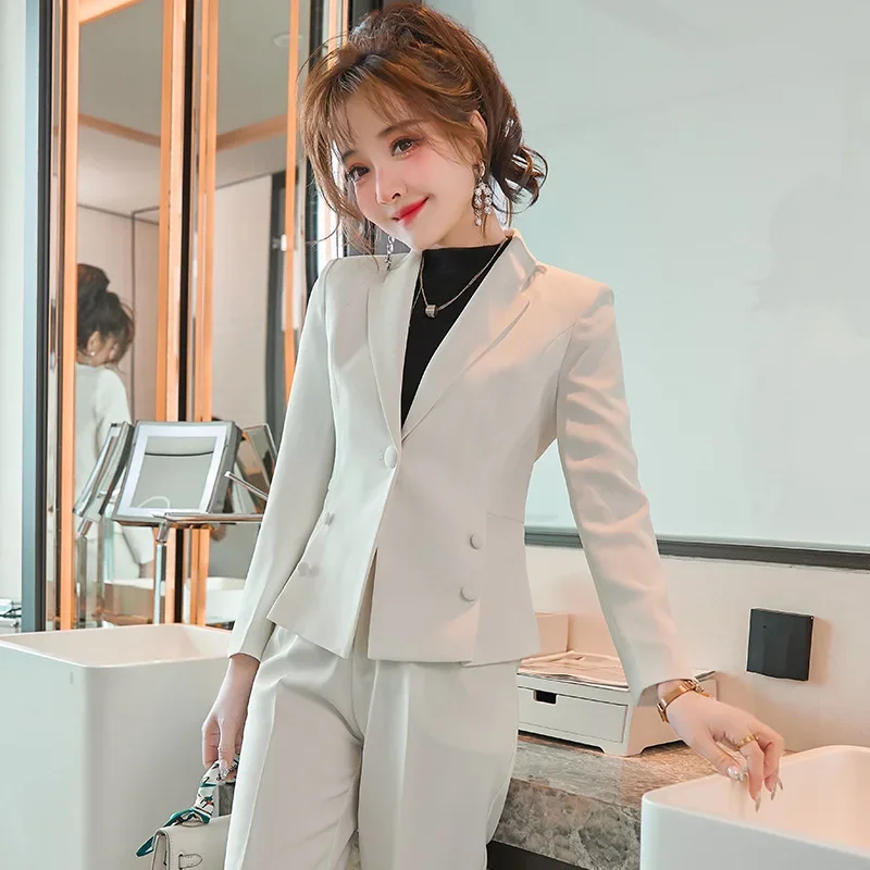 여성용 우아한 흰색 서양 스타일 세트 재킷, 전문 복장 크롭 짧은 세트 긴 소매..