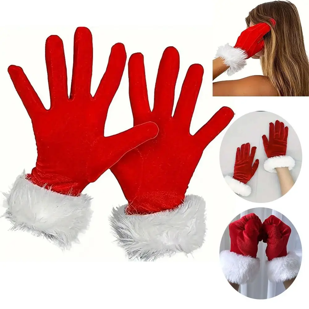 Fashion with Faux Fur Trim Christmas Red Gloves Short Holiday Mitten Soft Velvet Gloves for Evening Events