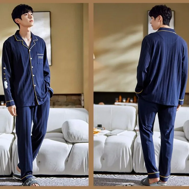 Cotton Men's Pajamas Spring Autumn Simple Cardigan Nightgowns Long Sleeves Sleepwear Suit Thin Loose Teenagers Home Clothes Set
