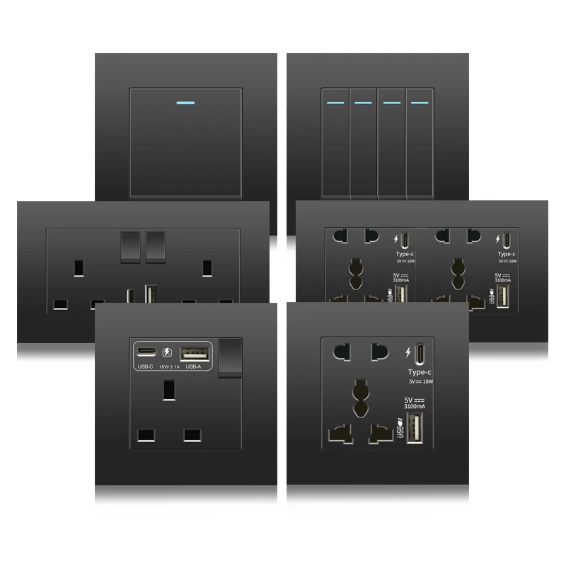 Black UK 13A ผนังซ็อกเก็ต USB ประเภท C 18W Quick Charge ปลั๊กผนังเต้าเสียบสายไฟ USB Charger,สวิตช์ซ็อกเก็ต 1