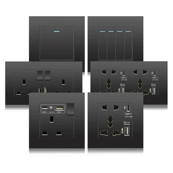 Black UK 13A ผนังซ็อกเก็ต USB ประเภท C 18W Quick Charge ปลั๊กผนังเต้าเสียบสายไฟ USB Charger,สวิตช์ซ็อกเก็ต 1