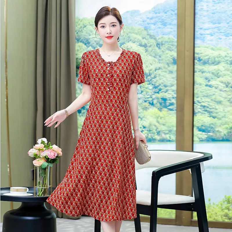 

2023 New Fashion Summer Dresses for Women O-neck Loose Short Sleeve Women Print Dresses Plus Size Woman Cothing