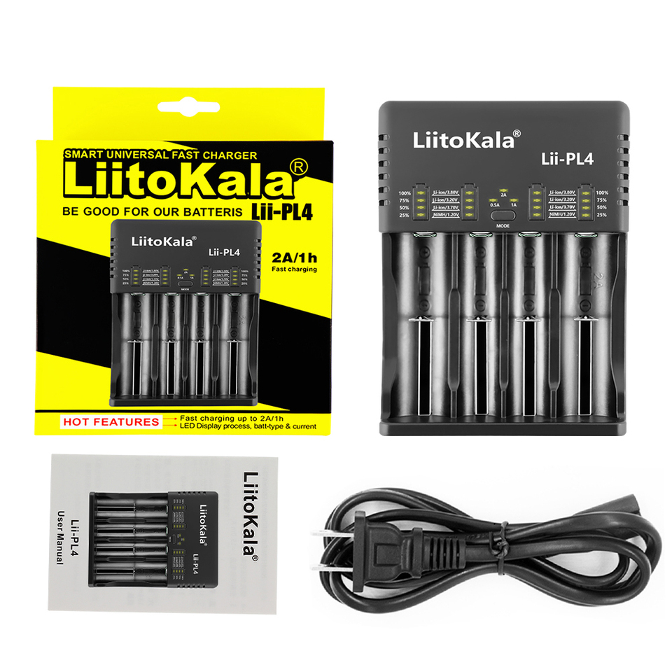 LiitoKala Lii-PL4 18650 26650 21700 2-slot Li-ion Battery Charger + Car Charger
