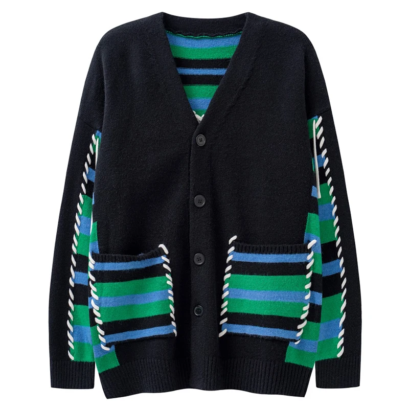 

Men Cardigan Sweater Autumn Winter New Harajuku Baggy Oversized Stitching Stripes Jacquard Knitted Coat Hip Hop Streetwear