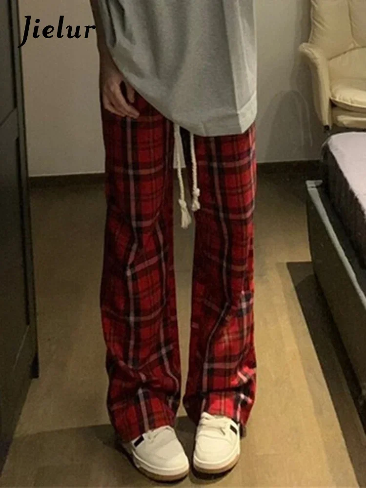 Jielur Red Plaid Casual Straight Female Pants Loose Fashion Streetwear New American Style Vintage Slim Women's Wide Leg Pants