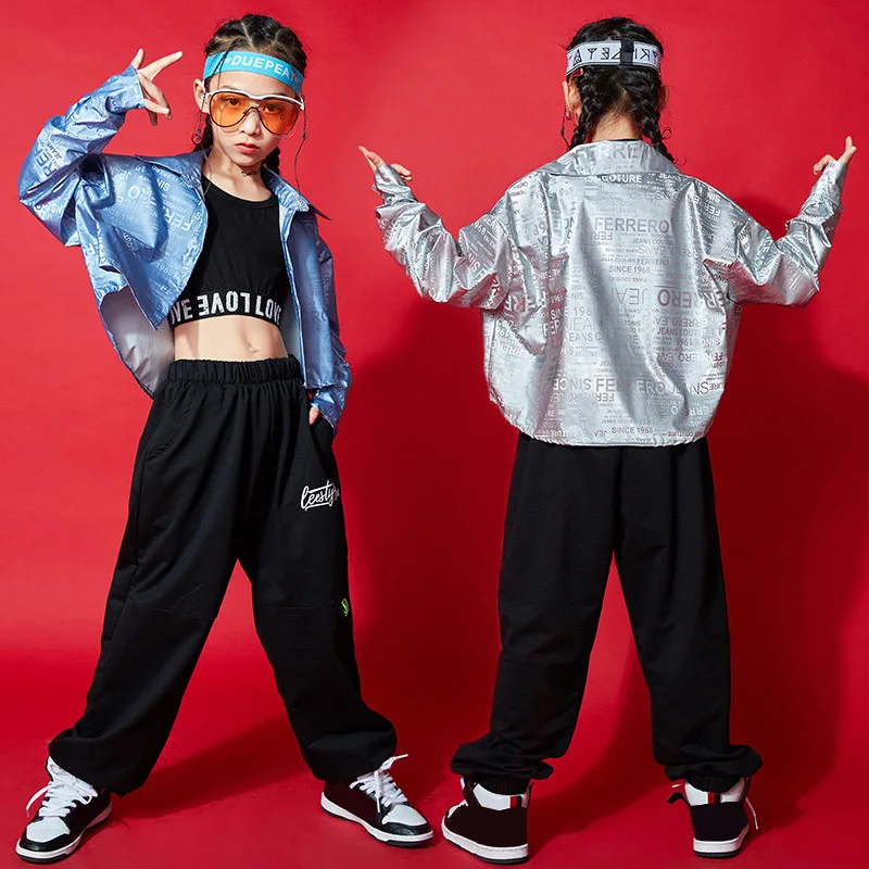 

Jazz Dance Costumes Hip Hop Kids Shiny Silver Cropped Shirts Ballroom Pants suit Girls Hiphop Street Dance Stage Show Clothes