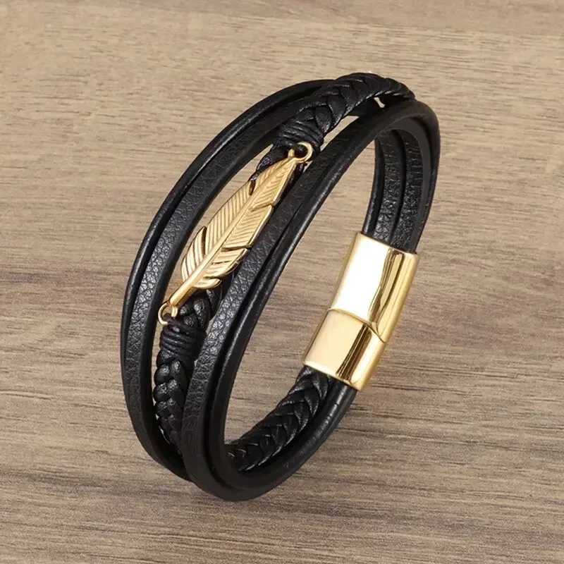 Classic Multi-layered Leather Feather Metal Buckle Bracelet Men's Business Casual Party Jewelry Gifts leather braided bracelet leather bracelet