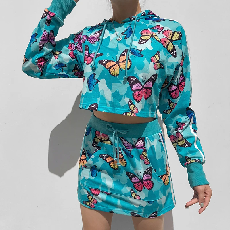 Butterfly Tie Dye Print Sweatshirts 2024 Autumn Casual Fashion Hoodies Two Piece Set Women Crop Tops Y2K Tracksuits Outfits Suit