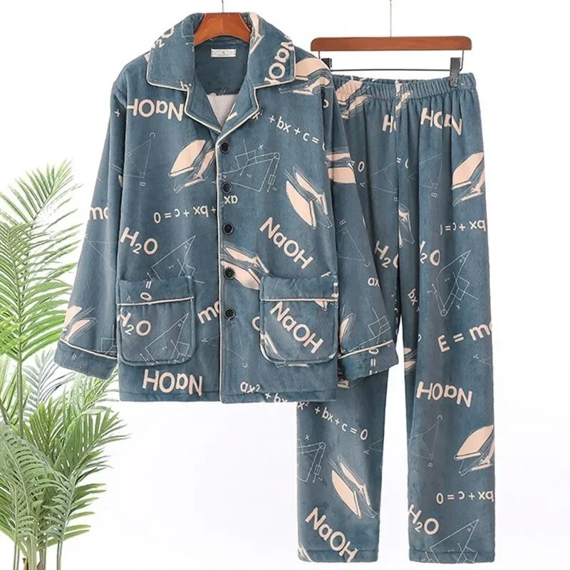 2024 New Pajama Men Long-sleeved Coral Fleece V-neck Autumn Winter Sleepwear Young Middle-aged Flannel Large Size Homewear Suit