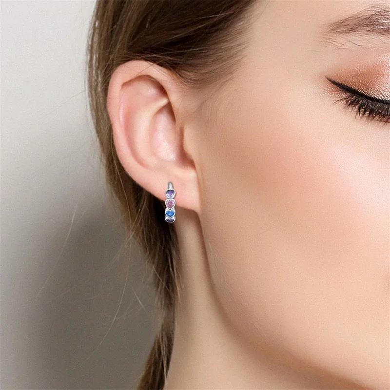 S925 Silver Colorful Geometric Heart-Shaped Hoop Earrings for Women Girls High-end Original Fine Jewelry Valentine's Day Gifts 6