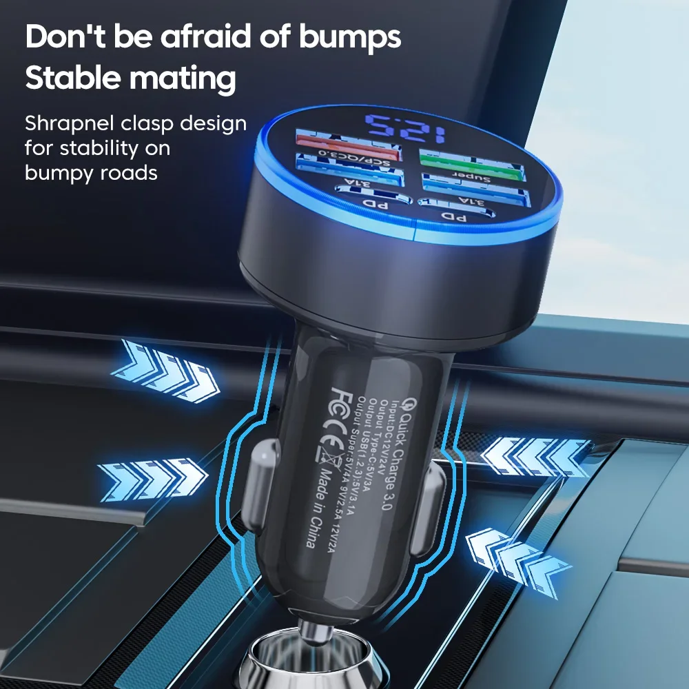 High-Powered 100W USB Car Charger with Fast Charging and Type C - 6-Port Adapter