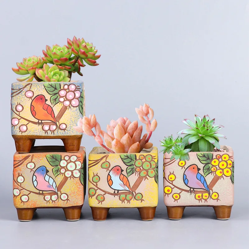 

Cute Korean-style Painted Succulent Flower Pot Ceramic Square Large-caliber Old Pile Succulent Green Plant Pot Bonsai Pot