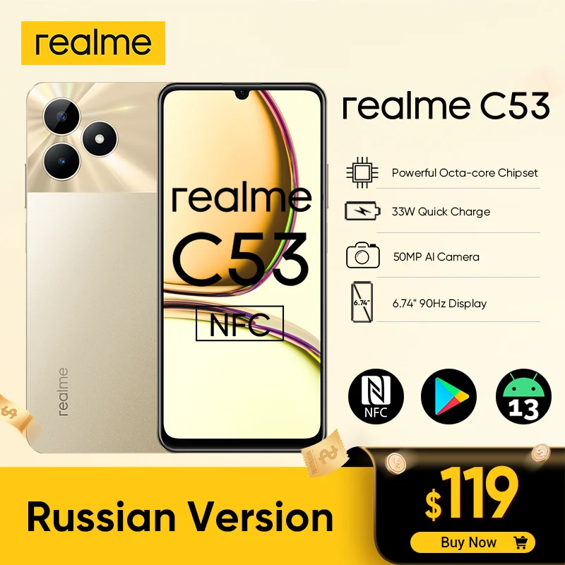 Realme 옥타코어 울트라 슬림 SUPERVOOC 충전 5000mAh 배터리, 50MP AI 카메라, 6.74 인치 HD 90 Hz 화면 NFC, C53, 6GB, 128GB, 33W