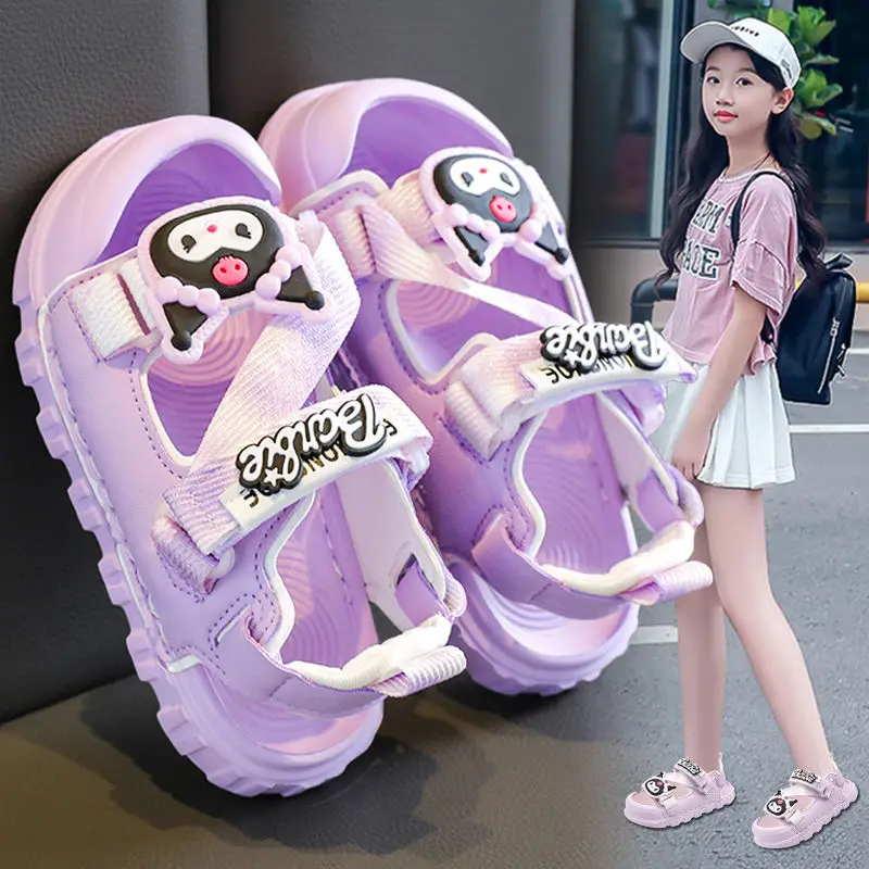 

Anime Sanrio Kuromi Kids Summer Baotou Beach Shoes Cartoon Soft Bottom Sandals Kawaii Casual Wear-Resistant Huarache Girl Gift