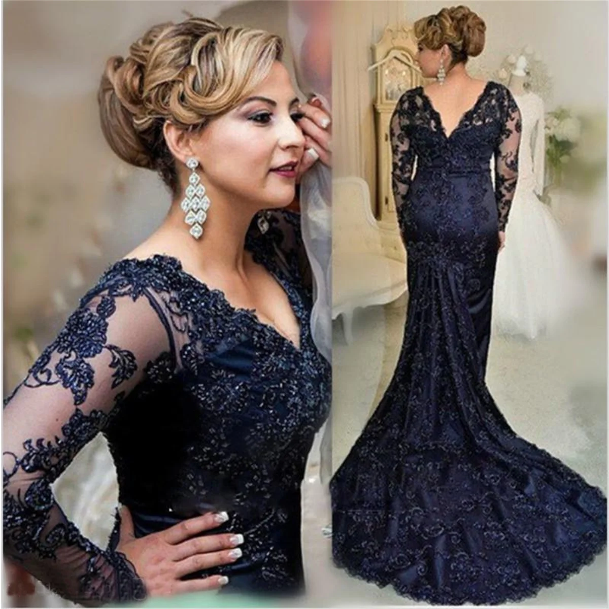 

Mother of the Bride Dresses Lace Beaded Long Sleeve V Neck Mermaid Dresses Women's Formal Occasion Gowns Birthday Party Dresses