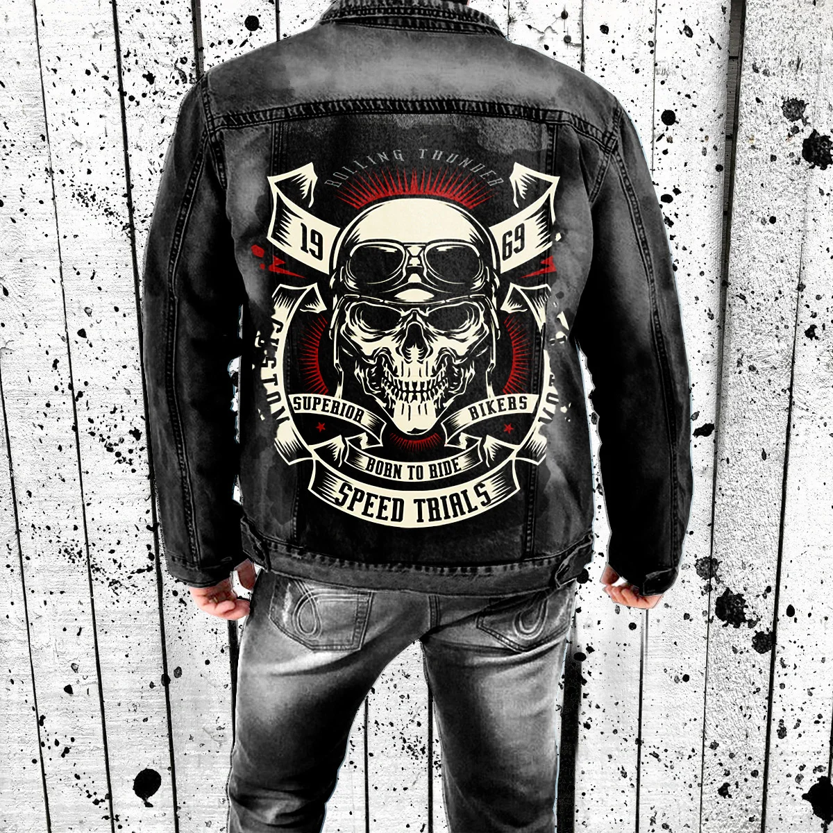 

Men's Motorcycle Biker Denim Jacket Vintage Skull Print Jeans Coat Punk Rock Hip Hop Ripped Hole Jackets Streetwear